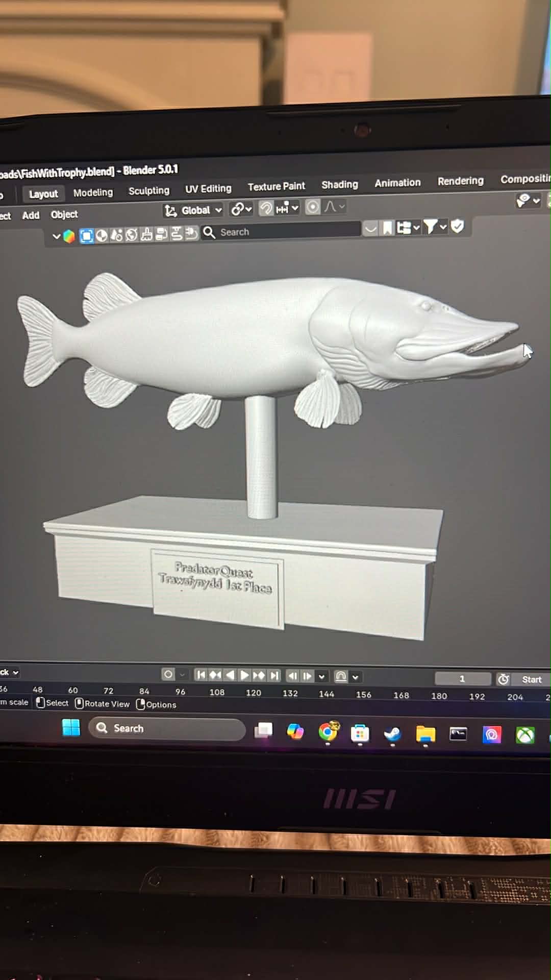 Digital render of Northern Pike trophy before printing