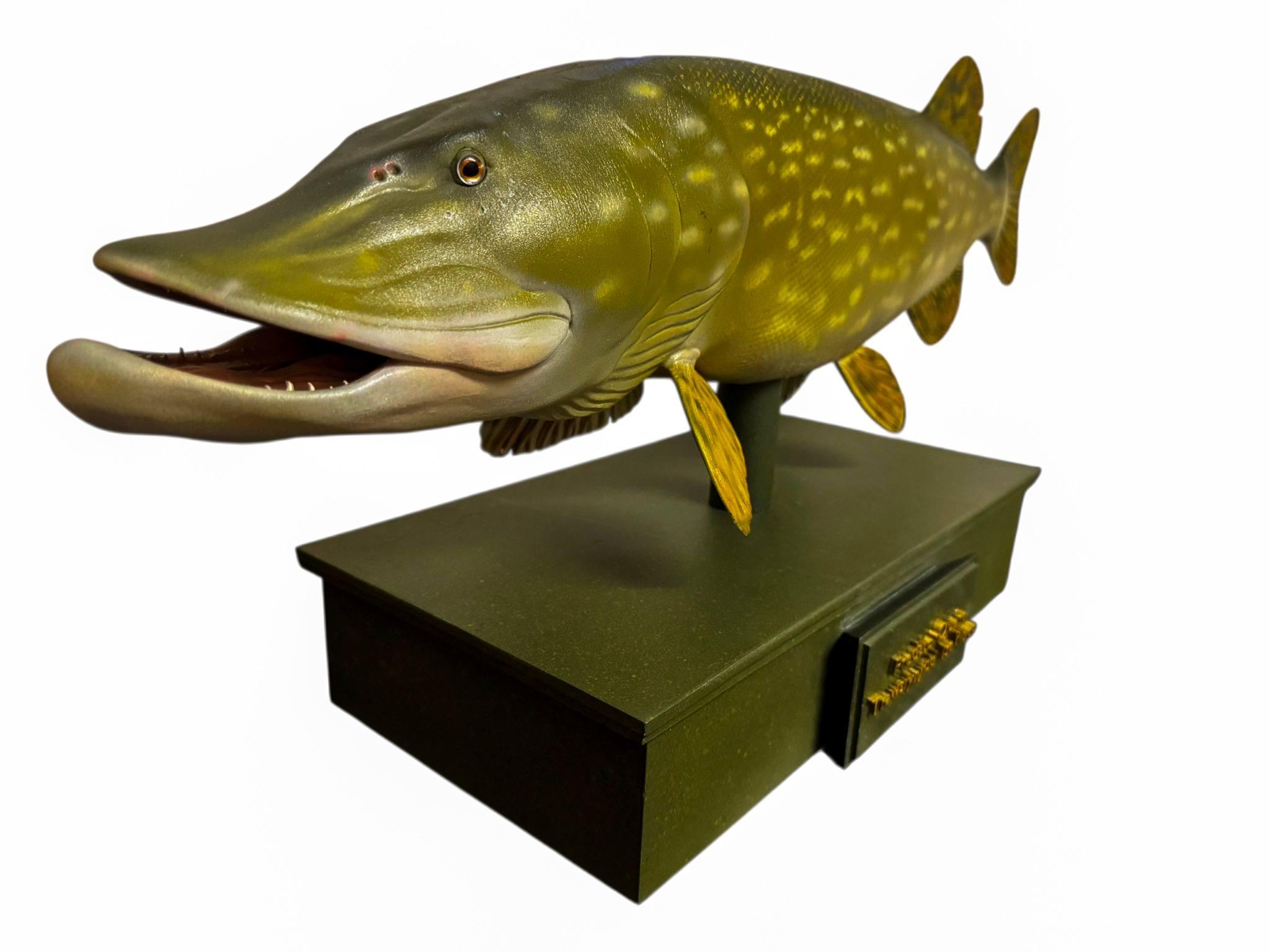 Side profile of Northern Pike fish trophy with base